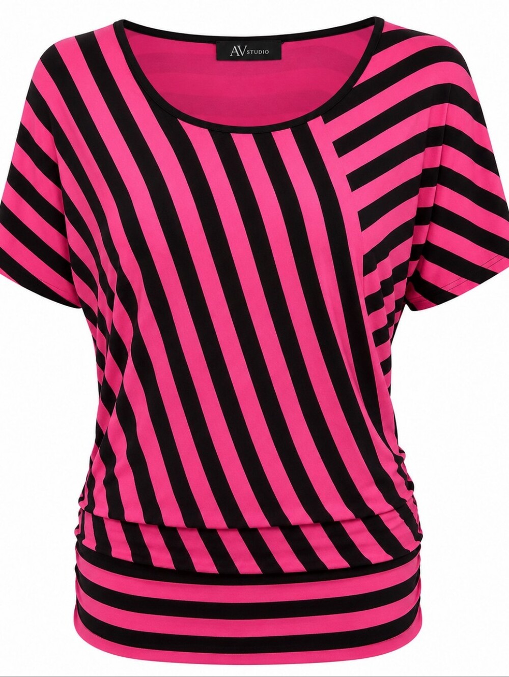 AB STUDIO | Pink Black Striped Dolman Stretch Ruched Blouse Scoop Neck Top | XL